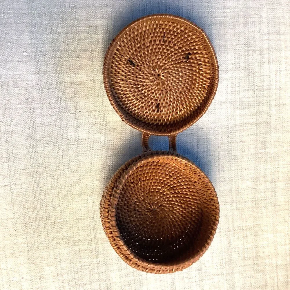 Vintage Bali Basket Round Handwoven Ata Rattan Trinket Box Jewelry with Lid